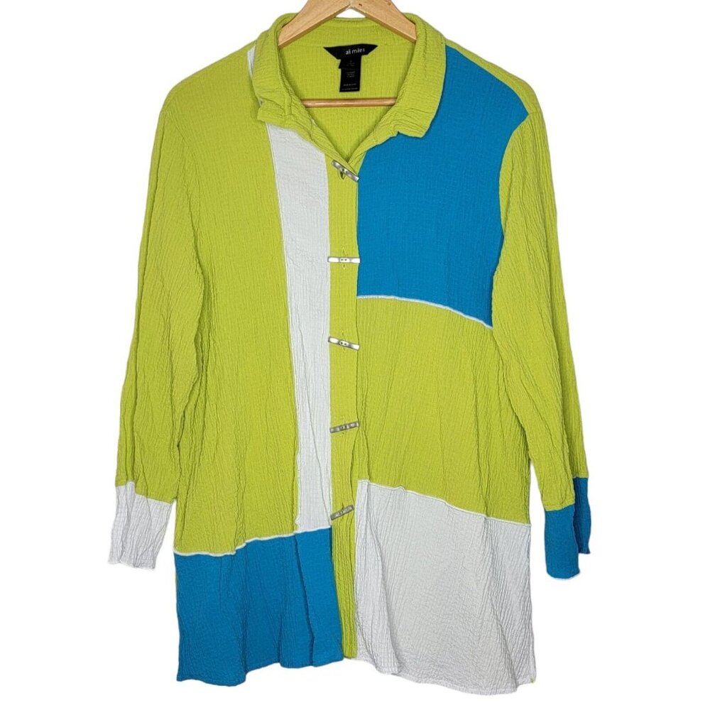 Ali Miles Large Green / Blue Colorblock Button Down Women's Tunic‎ Top